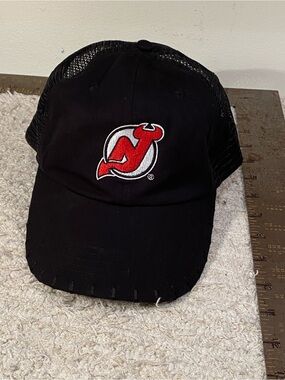 New Jersey Devils NHL Black Mesh Trucker Hat with Red & White Logo